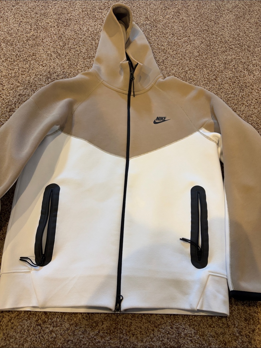 Nike Tech Men’s Two-Tone Hooded Jacket in Beige and White